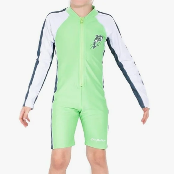 Boys One Piece Long Sleeve Sunsuit Swim Suit UPF 50+ Sun Protection Green Navy - Picture 3 of 3